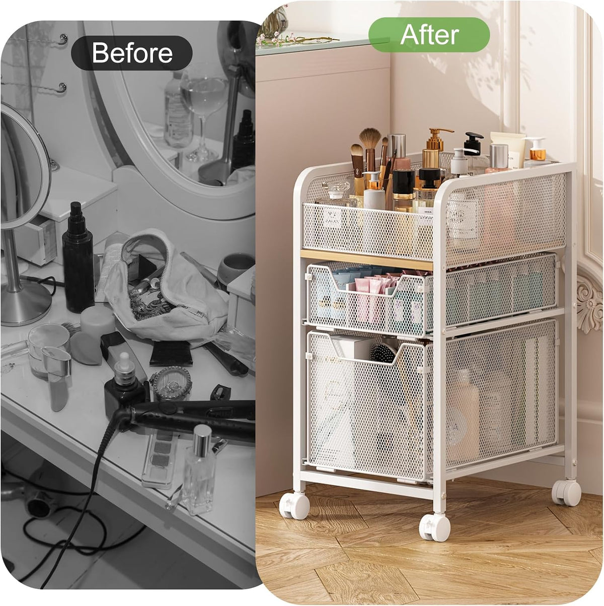 Hongtamoya Rolling Makeup Cart Organizer with 2 Drawers, Under Desk Storage | Narrow Floor Skincare Organizers, Vanity Organizer Cosmetics Display Cases Holder for Nail Polish Perfume Makeup Brush, White - Field & Nook