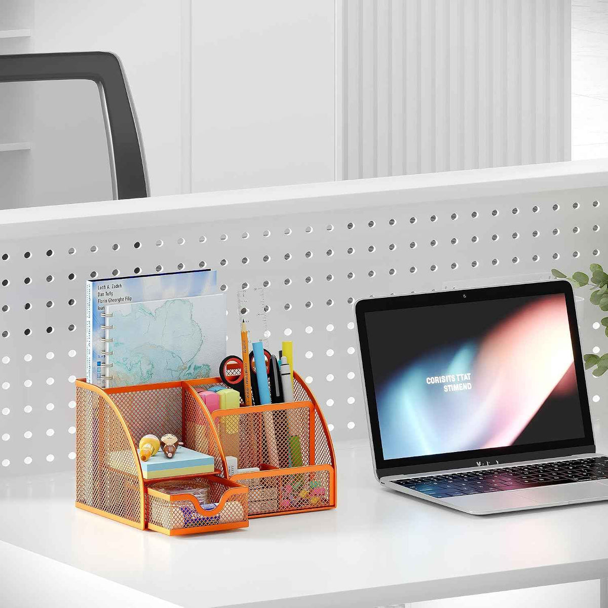 EasyPAG Mesh Desk Organizer with Drawer Multi-functional Pen Holder Stationery Organizer for Office School Supplies 6 Compartments Dorm Organizers and Storage for Desk, Orange