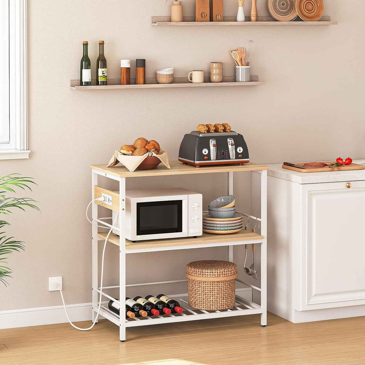 HOOBRO Kitchen Island with Storage, Kitchen Island Table with Power Outlet, 3 Tier Coffee Station and Microwave Stand, for Home, Kitchen and Dining Room, Natural and White WN021ZD01