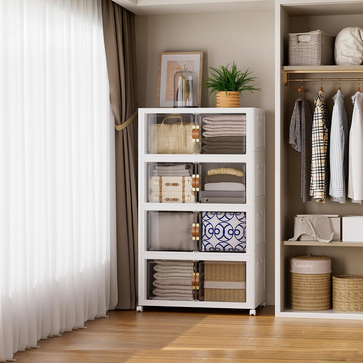 SAILUN 190QT/47Gal Stackable Storage Bins with a Lid, Collapsible Storage Bins With Doors, Folding Cabinet for Home Closet Organization,4 Pack-19.7" W x 12.6" D x 44.3" H White - Field & Nook