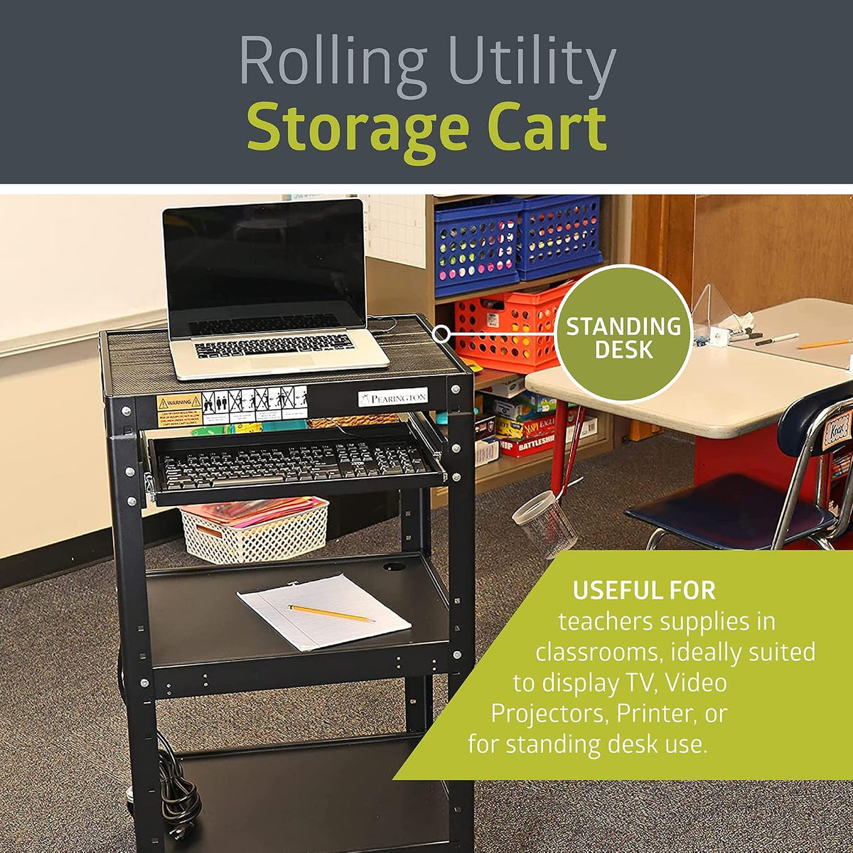 Pearington AV Presentation Cart Stand for Video Projector, TV, Laptop Computers, Printers, Metal Construction Rolling Storage Cart with Adjustable Shelves, 4 Wheels, 4 Outlets, 12ft Cord, Black - Field & Nook