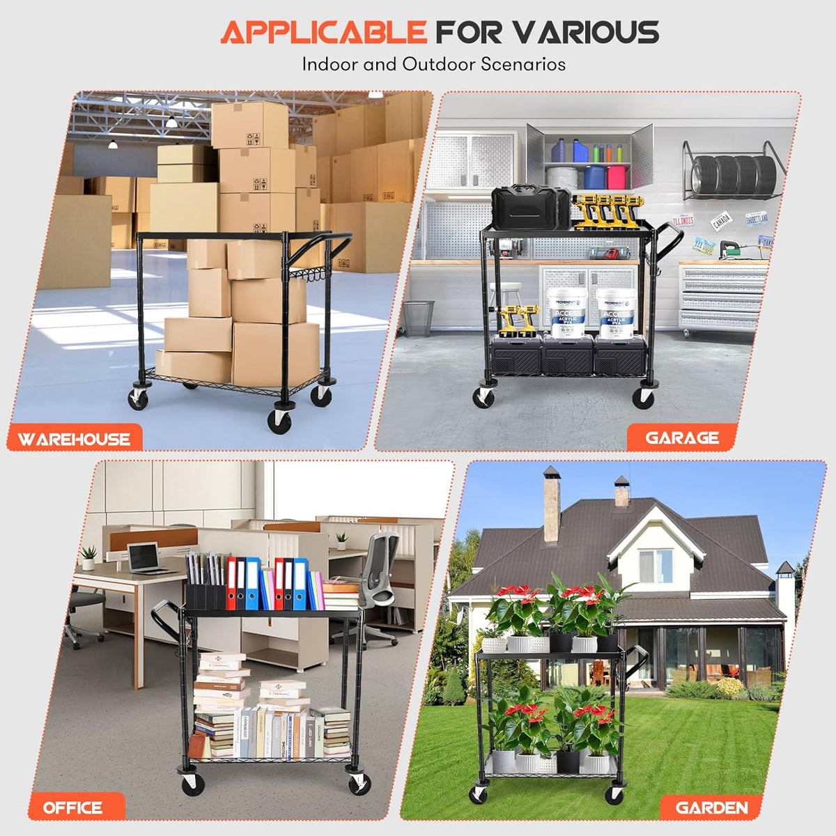 680Lbs Capacity Heavy Duty Rolling Utility Cart,2 Tier Rolling Carts with Wheels,Commercial Grade Metal Cart with Handle Bar & Shelf Liner,Trolley Serving Cart for Restaurant,Kitchen,Black - Field & Nook