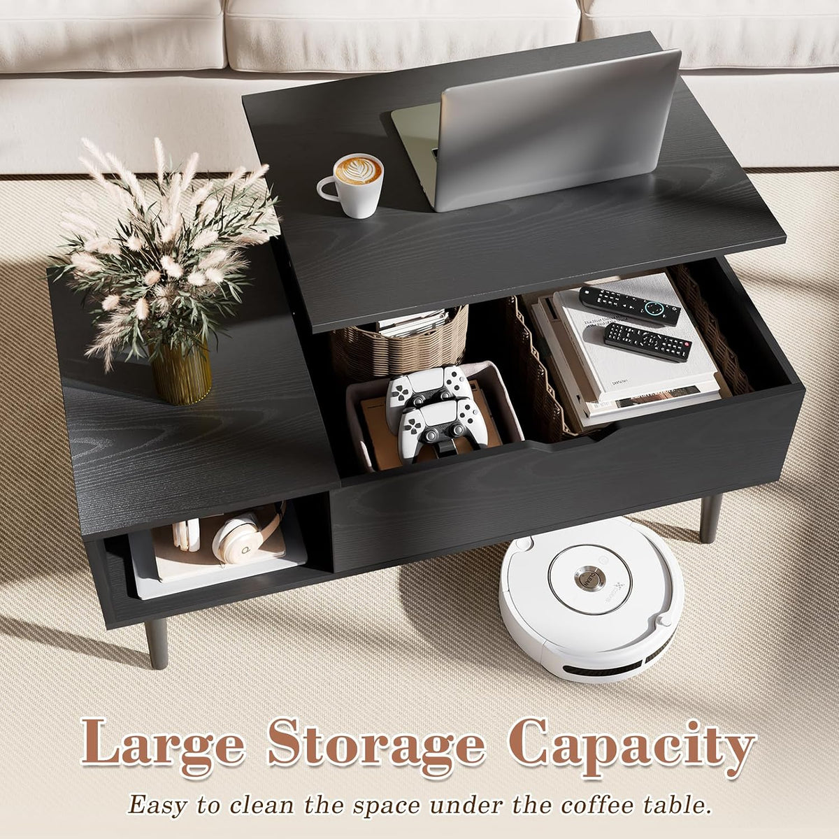 OLIXIS Lift Top Coffee Table with Hidden Storage, Black
