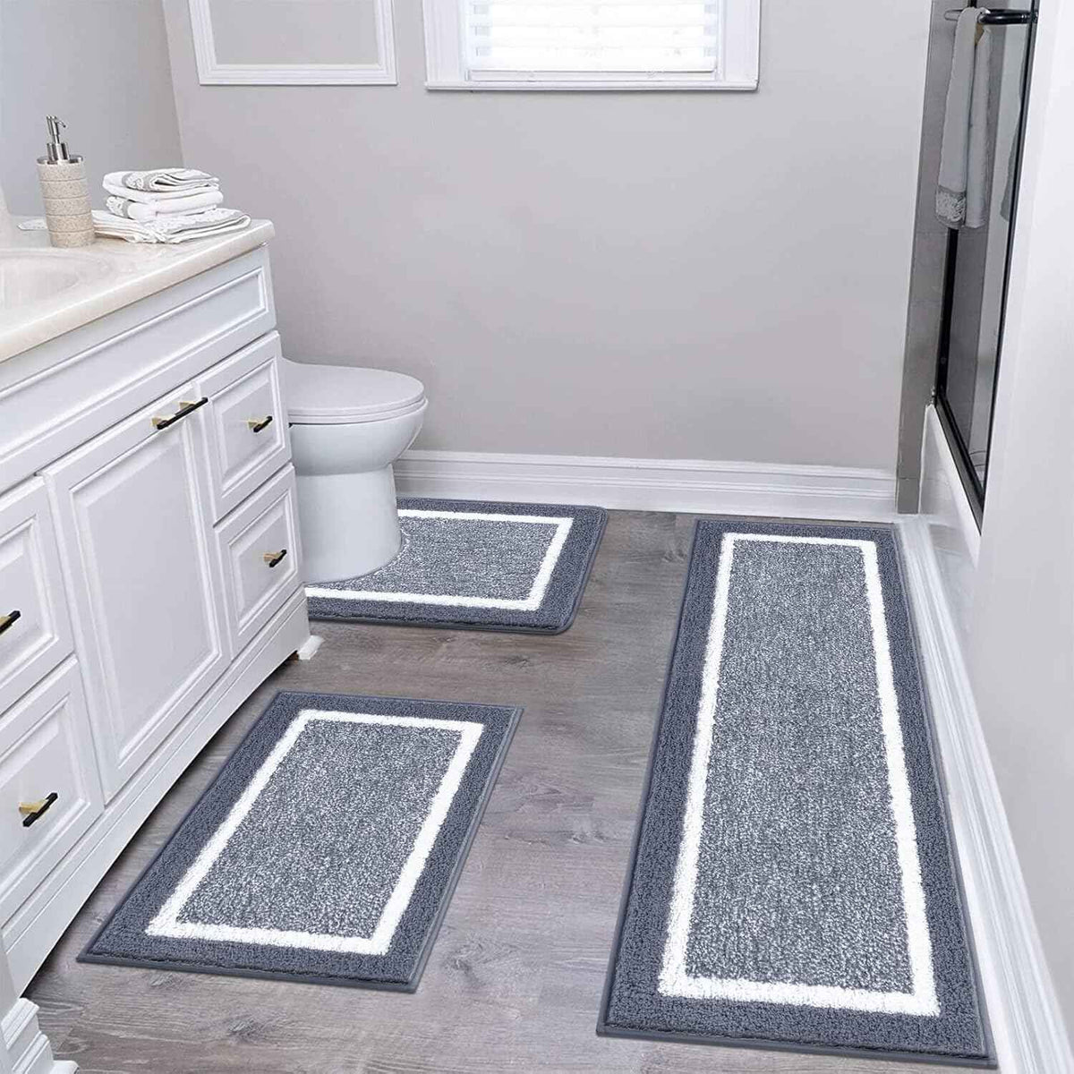 Bathroom Rugs 3-Piece Set | Non-Slip, Washable, Soft Microfiber Bath Mats – Dark Grey