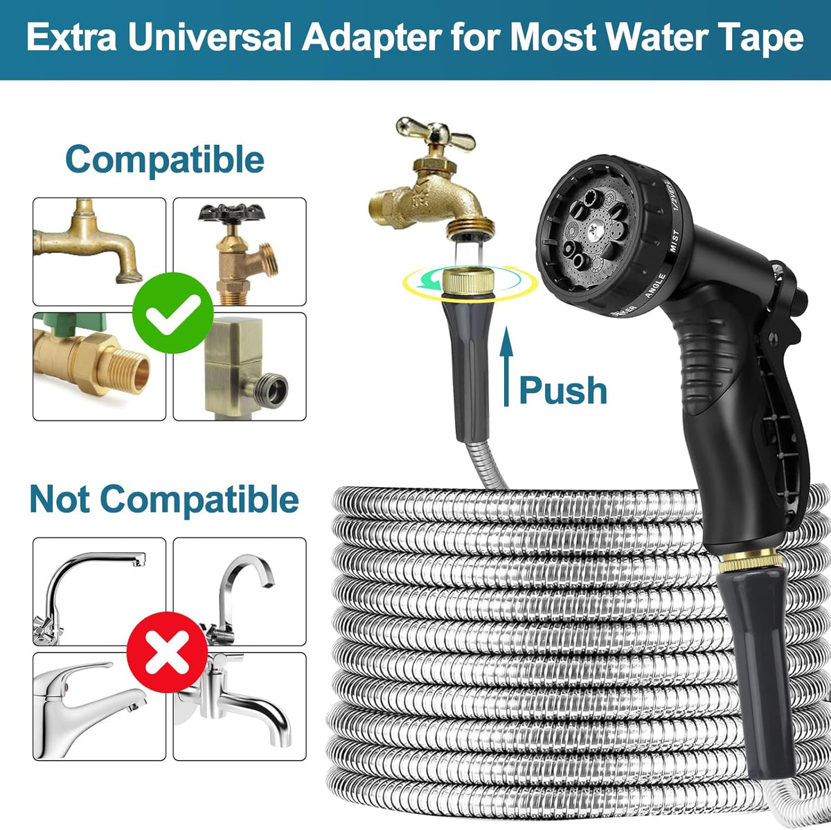 Stainless Steel Garden Hose with 10-Pattern Nozzle – 50 ft