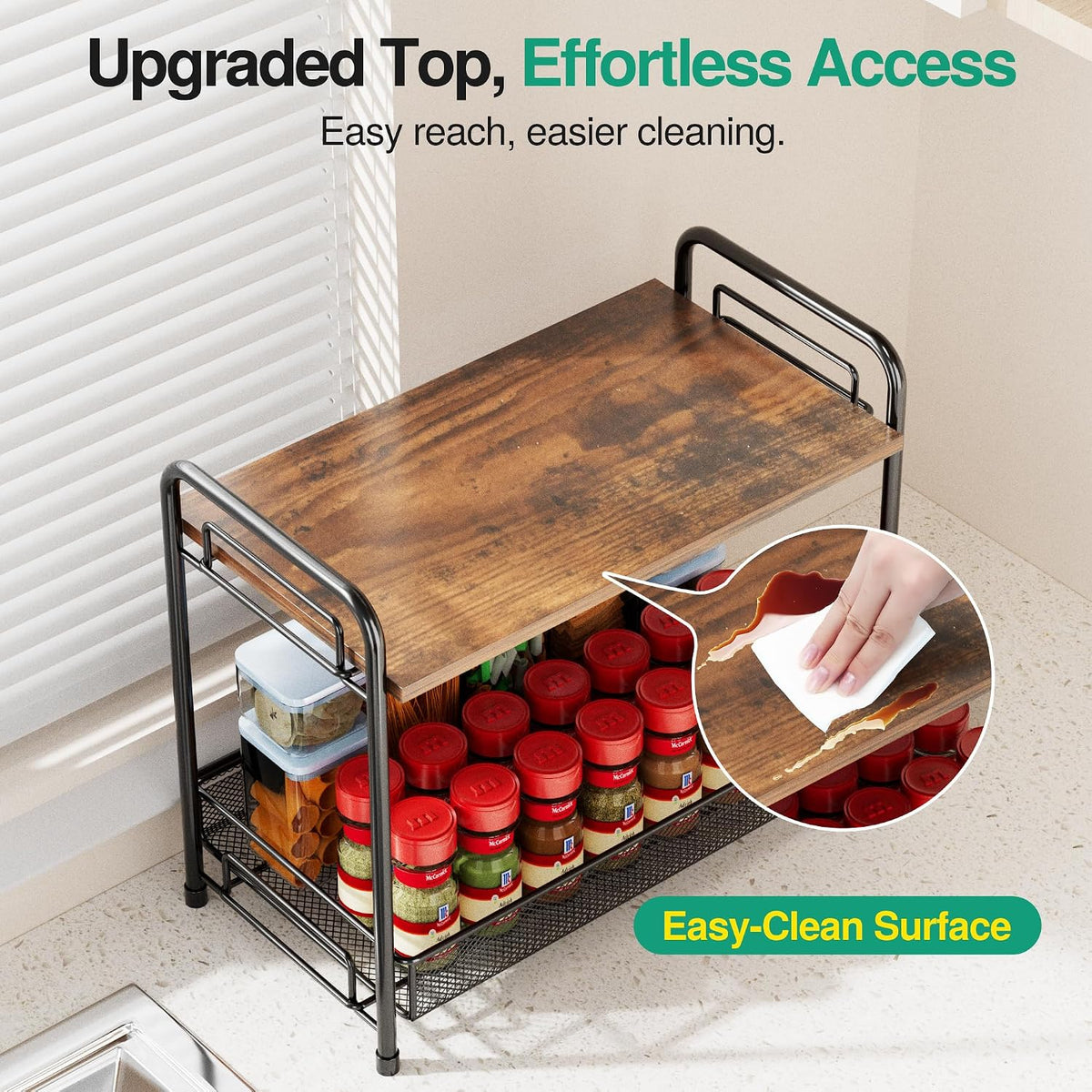 Spice Rack Organizer for Countertop with Wood Top – Black - Field & Nook