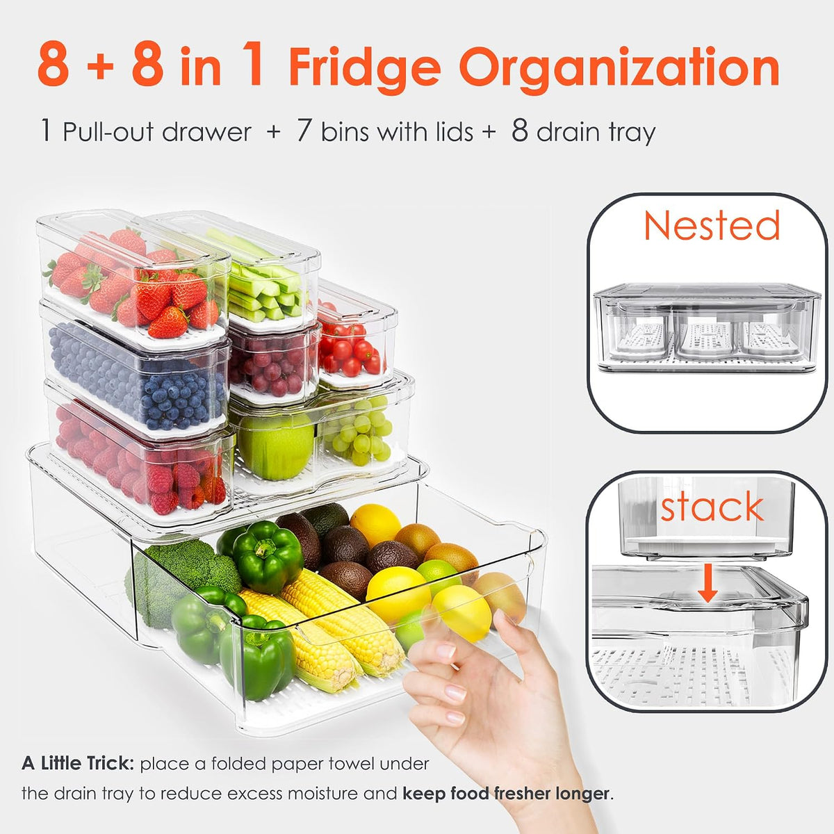 SMRCAD Fridge Organizers and Storage, 8 Pack Clear Freezer Organizer Bins with Lids for Kitchen, Pantry, Refrigerator, Food, Fruit, Vegetable Storage (8 Bins (Include Pull Out Drawer)) - Field & Nook