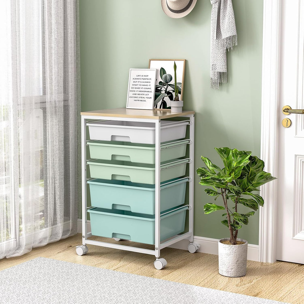 SYKIARIOL Rolling Cart with Drawers,5 Drawers Storage Cart,Light Green | 5-Tiers Utility Cart with Drawers with Lockable Wheels for Craft Organizers and Storage,Home Office,Classroom,Dorm,Playroom - Field & Nook