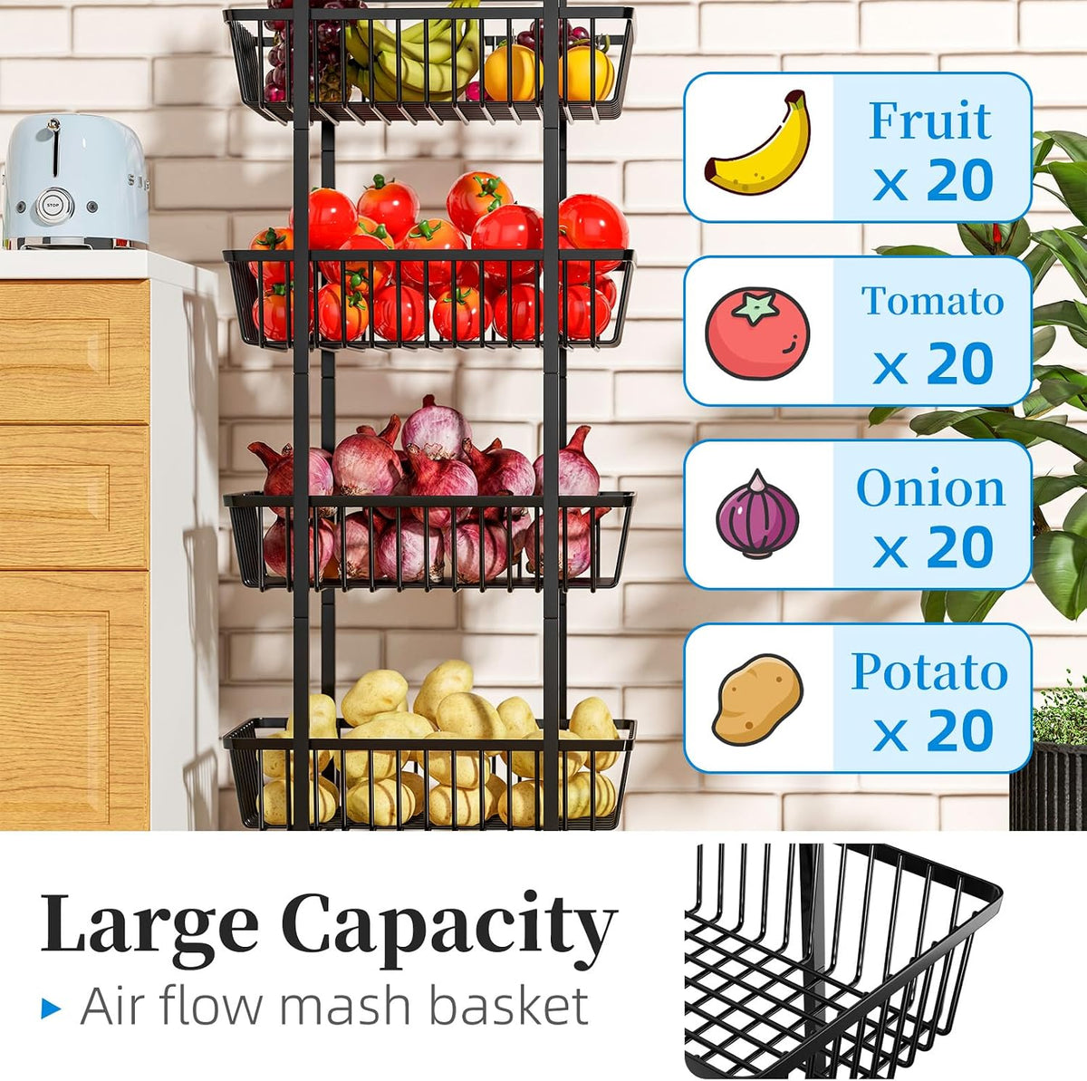 Simple Trending 4 Tier Rolling Fruit Vegetable Basket Cart, Black | Metal Wire, Kitchen Storage Organizer, On Wheels, For Bread Onion Potatoes