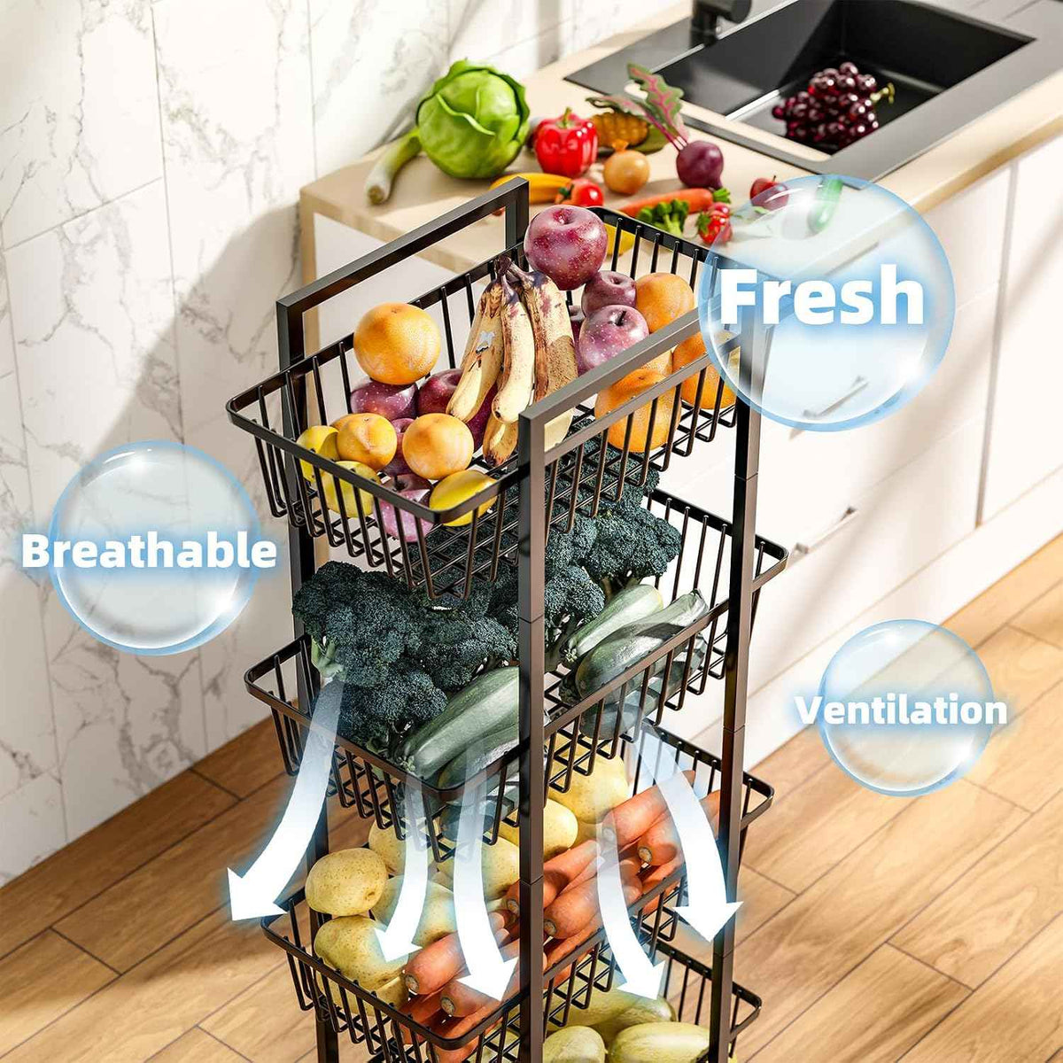 Simple Trending 4 Tier Rolling Fruit Vegetable Basket Cart, Black | Metal Wire, Kitchen Storage Organizer, On Wheels, For Bread Onion Potatoes