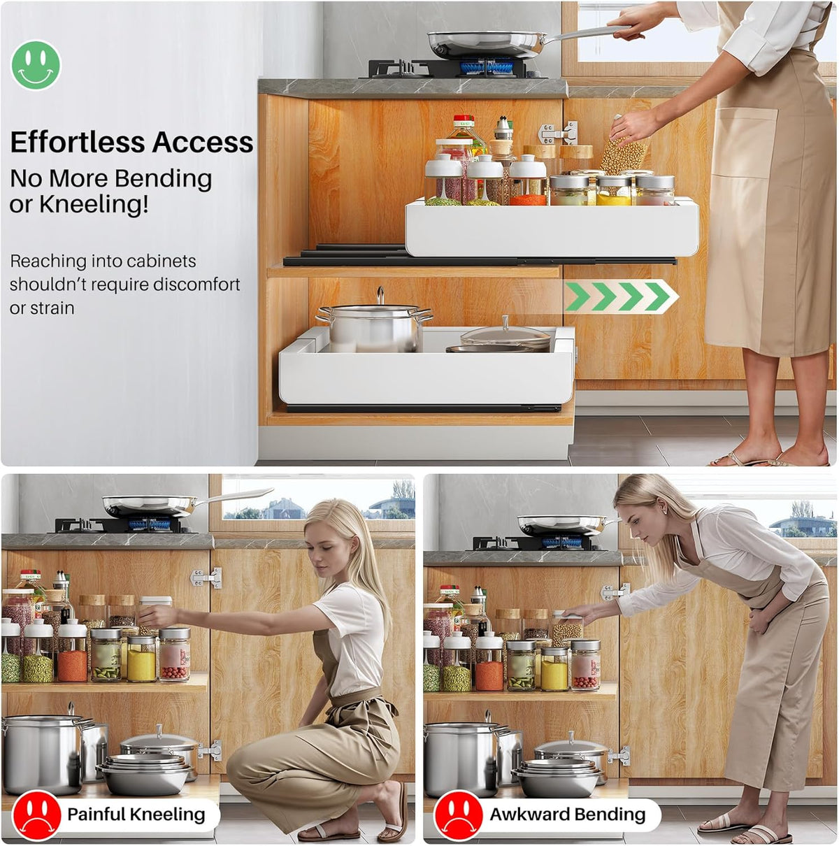 Pull out Cabinet Organizer, 2-pack, Expandable(12"-20") Heavy Duty Slide out Drawers Fixed with Adhesive Nano Film for Pots, Roll out Shelf Storage for Kitchen Base Cabinet Organization(3 Rails) - Field & Nook