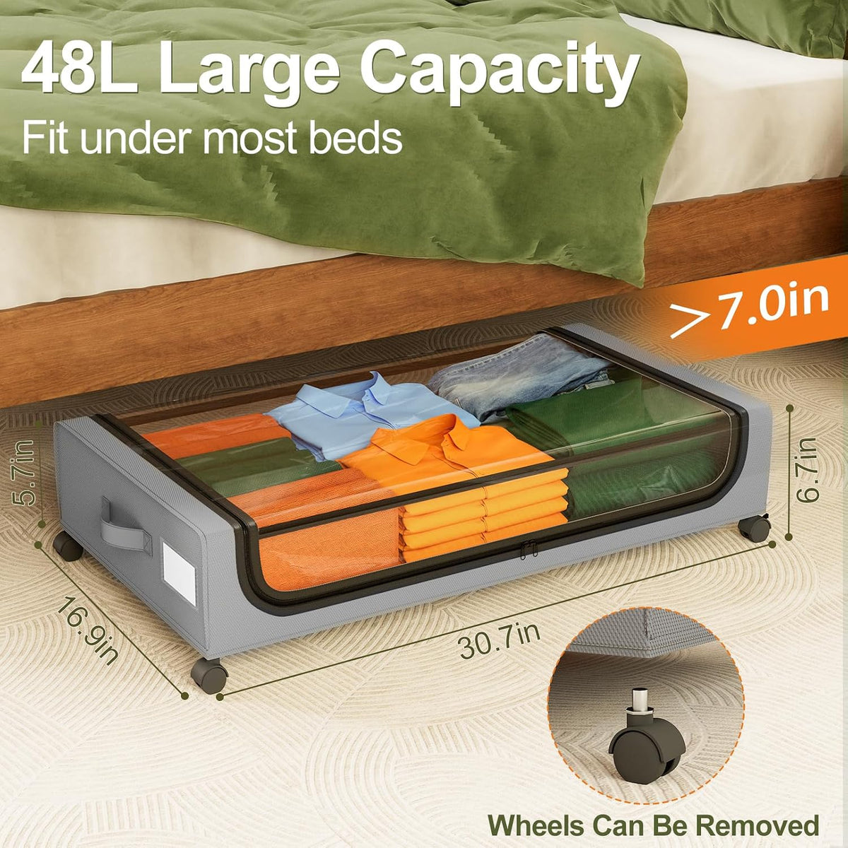 GoMaihe Under Bed Storage with Wheels 48L Grey 2-Pack | Rolling Bins for Shoes Clothes in Dorm Bedroom - Metal Drawers Easy Pull-out - Field & Nook