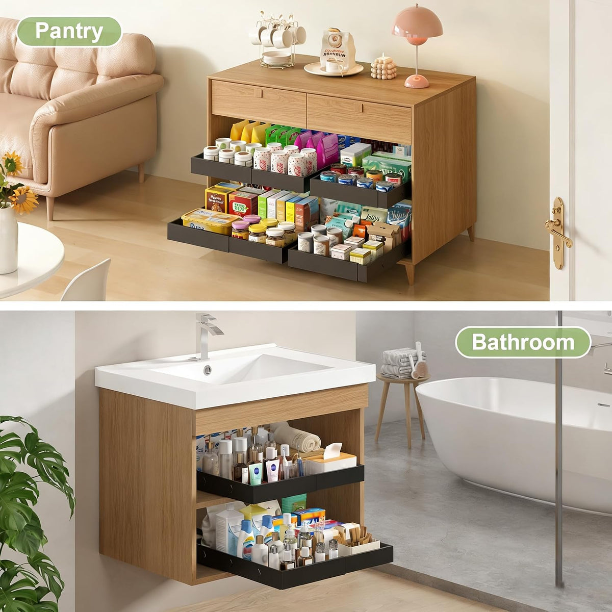 2-Pack-Expandable-Pull-Out-Cabinet-Organizers, No Drill Slide Out Drawers | Adjustable Pull Out Shelf With Raising Pad For Kitchen Framed Cabinet, Heavy Duty Sliding Roll Out Drawers Inside Cabinet - Field & Nook