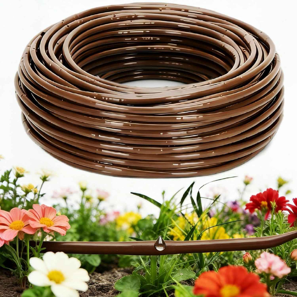 1/4" Drip Irrigation Tubing with 6" Emitter Spacing, (100 Ft Roll) Hydroponics Dripline with Built-in 0.5 GPH Dripper, Drip Line for Landscape Irrigation, Tree Watering and Greenhouses (Brown)