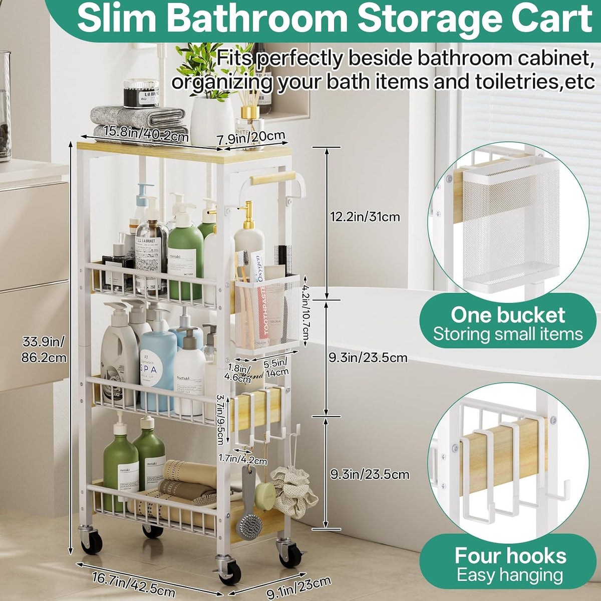DTUQYX Laundry Room Organization Cart, 4 Tier Slim Rolling Cart for Small Narrow Spaces, Storage Shelf Cabinet with Wheels for Bathroom, Utility Room, Kitchen, Near Washer Dryer (9.1" Overall Width) - Field & Nook