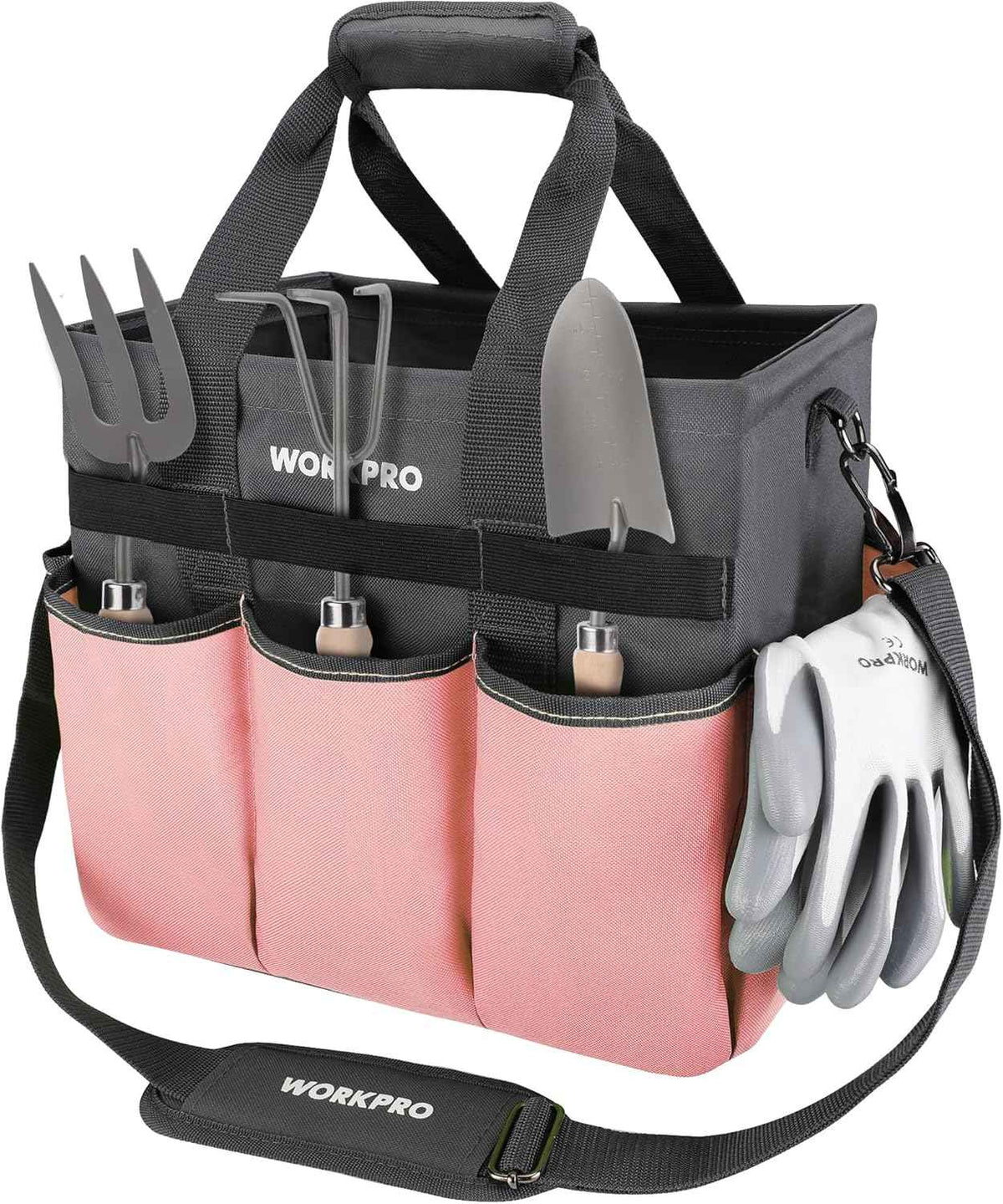 WORKPRO Garden Tool Bag, Heavy Duty Gardening Tote Bag Organizer with 10 Pockets and Long Adjustable Shoulder Strap, Standable Garden Home Tool Kits Organizer, Pink