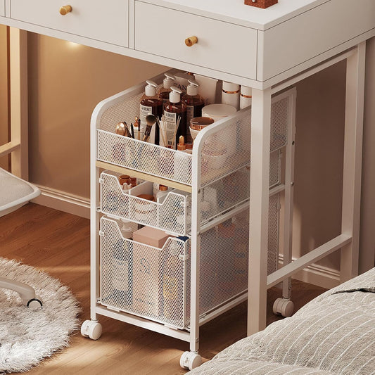 Hongtamoya Rolling Makeup Cart Organizer with 2 Drawers, Under Desk Storage | Narrow Floor Skincare Organizers, Vanity Organizer Cosmetics Display Cases Holder for Nail Polish Perfume Makeup Brush, White - Field & Nook