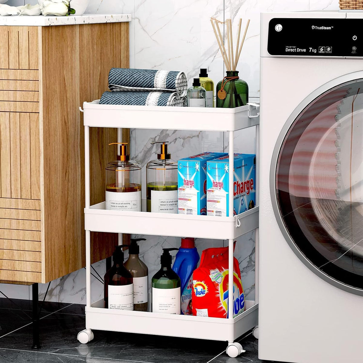 SPACEKEEPER 3 Tier Rolling Cart, Bathroom Cart Organizer with Wheels, White | Mobile Storage Cart for Laundry Room Organization,Kitchen,Office,Bathroom, Utility Cart for Snack,Craft,Art,Makeup,Nail,Toys - Field & Nook