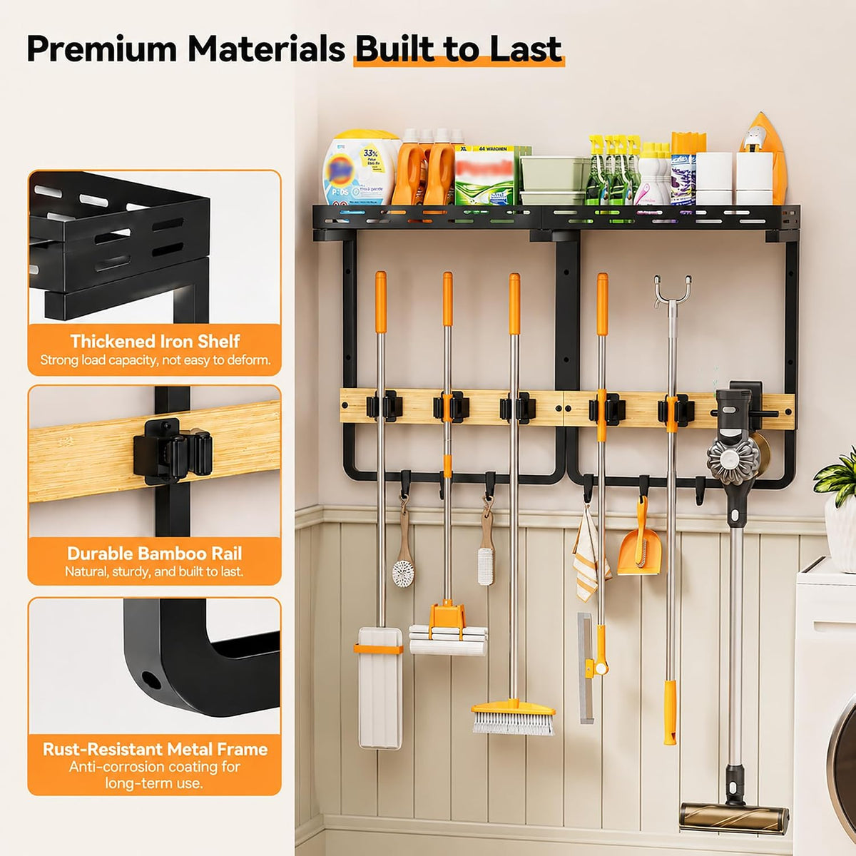 Large Broom Mop Holder Wall Mount with Shelf,5 Grips,6 Hooks,Vacuum Hook | 3-in-1 Cleaning Supplies Organizer,Broom Organizer,Top Shelf with Railing,Storage Rack for Laundry Utility Garages Kitchens, - Field & Nook