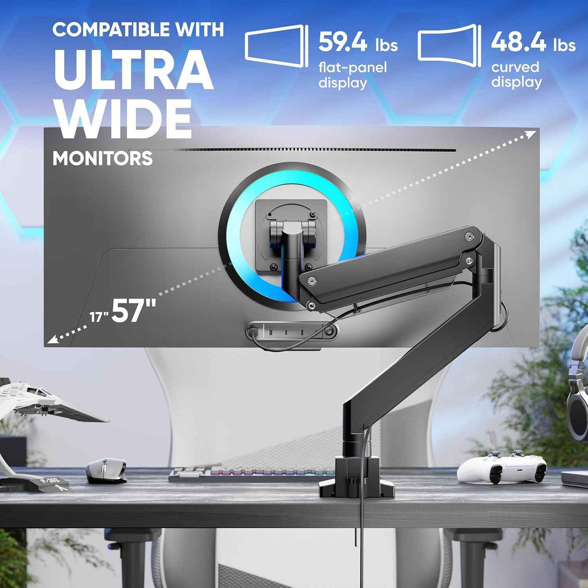 ONKRON Heavy Duty Monitor Arm for 17-57 Inch Screens up to 59.4 lbs, Ultrawide Screen Mount with Adjustable Gas Spring, VESA 75x75-200x200, Single Arm Monitor Mount for Desk, Clamp & Grommet Black | Ultrawide monitor mount with 23" extension, gas sprin...