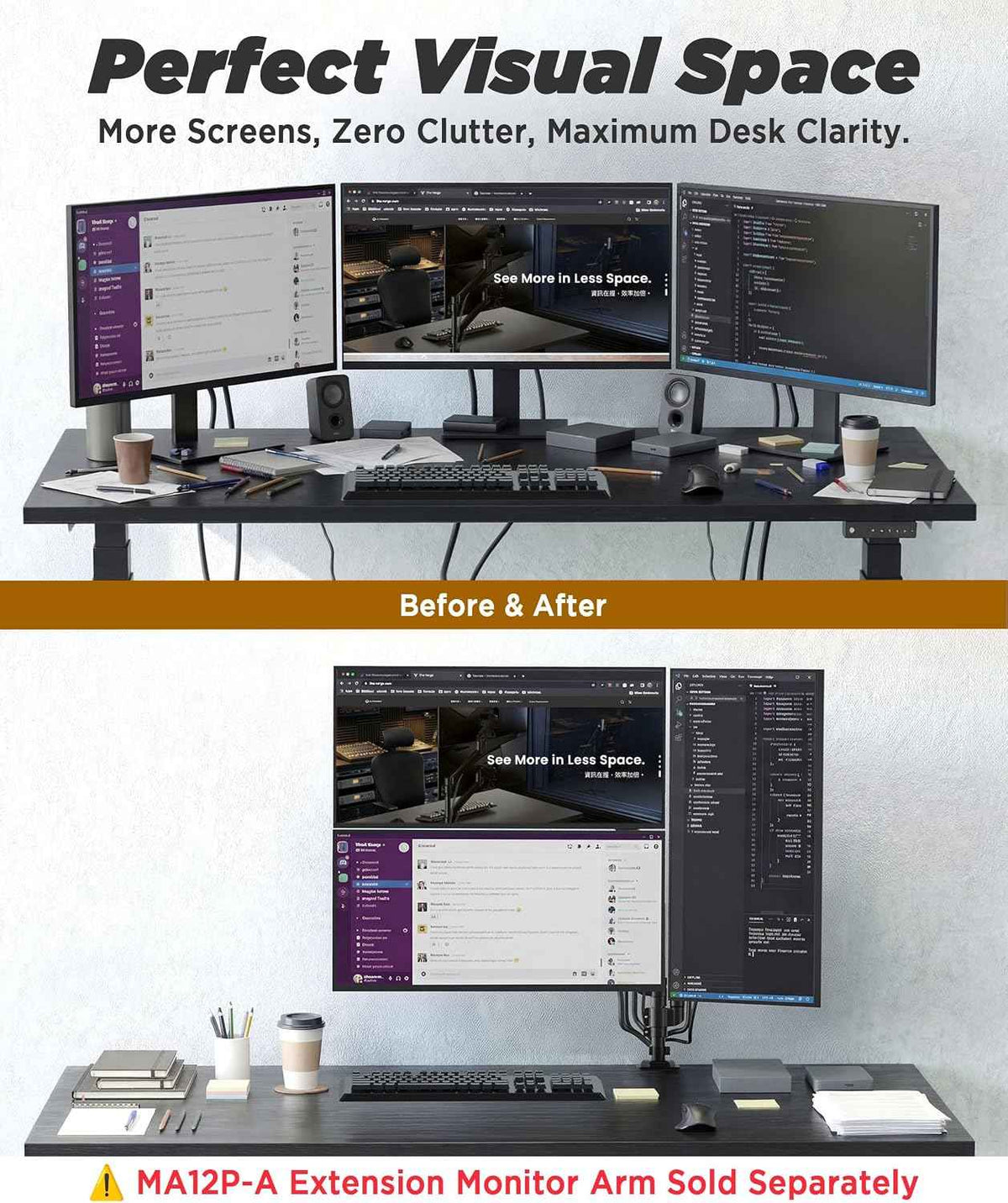 ULTRARM Extra-Tall Heavy-Duty Monitor Arm Mount for 40" Ultrawide Monitors | 33.4" Max Height, 26.4 lb VESA Capacity, C-Clamp & Grommet Mount, Height Adjustable, Long-Reach Ergonomic Arm, Black, MA12P-S