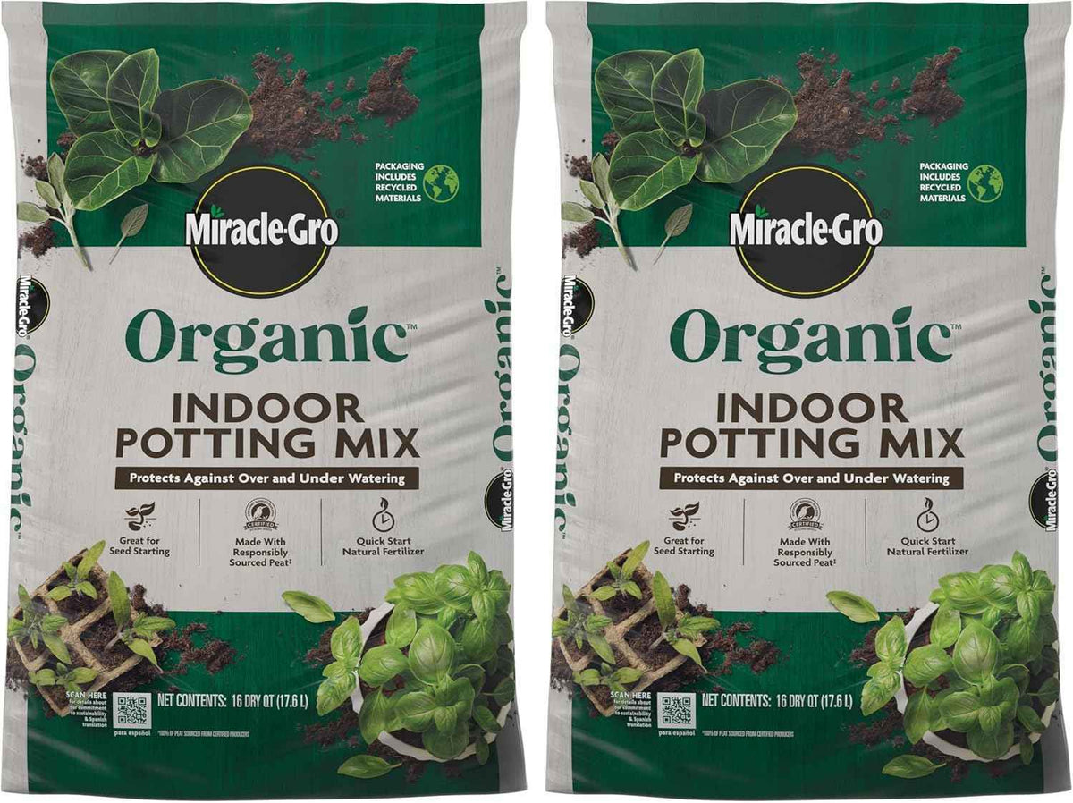 Miracle-Gro Organic Indoor Potting Mix - Protects Against Over and Under Watering, Planting Soil for Indoor Container Plants, Houseplants and Starter Plants, OMRI Listed, 16 qt. (2-Pack)