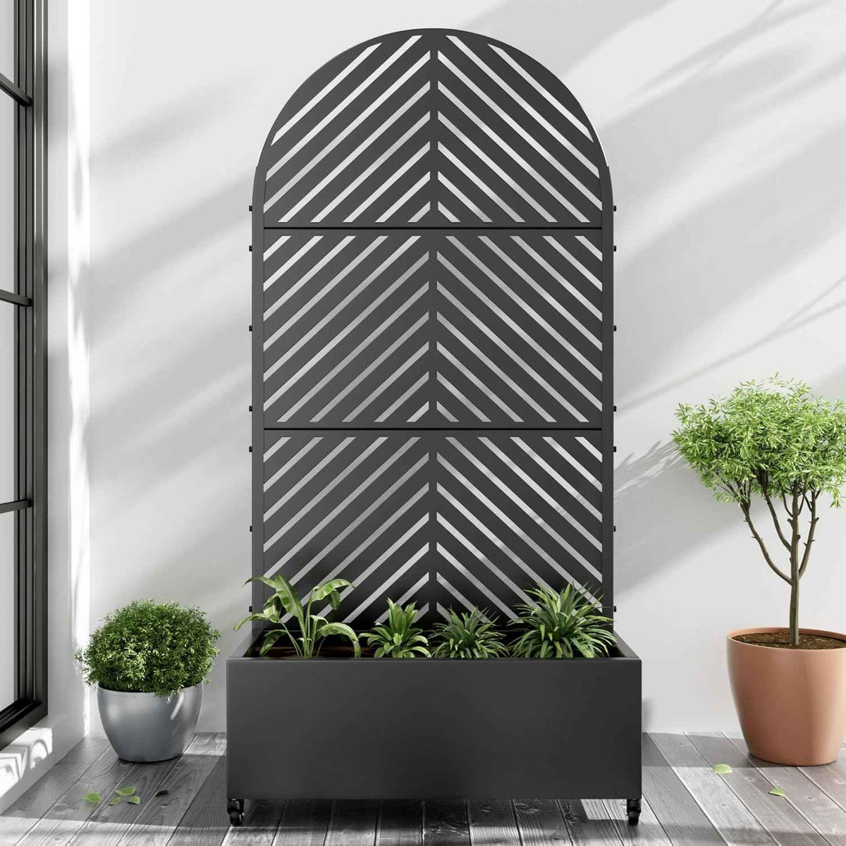 Casaphoria Metal Raised Garden Bed with Trellis and Wheels, 72"x35"x16" Arched Planter Box for Climbing Plants, Vegetables & Vines, Features Drainage Holes and Privacy Screen (Black-Parallel)