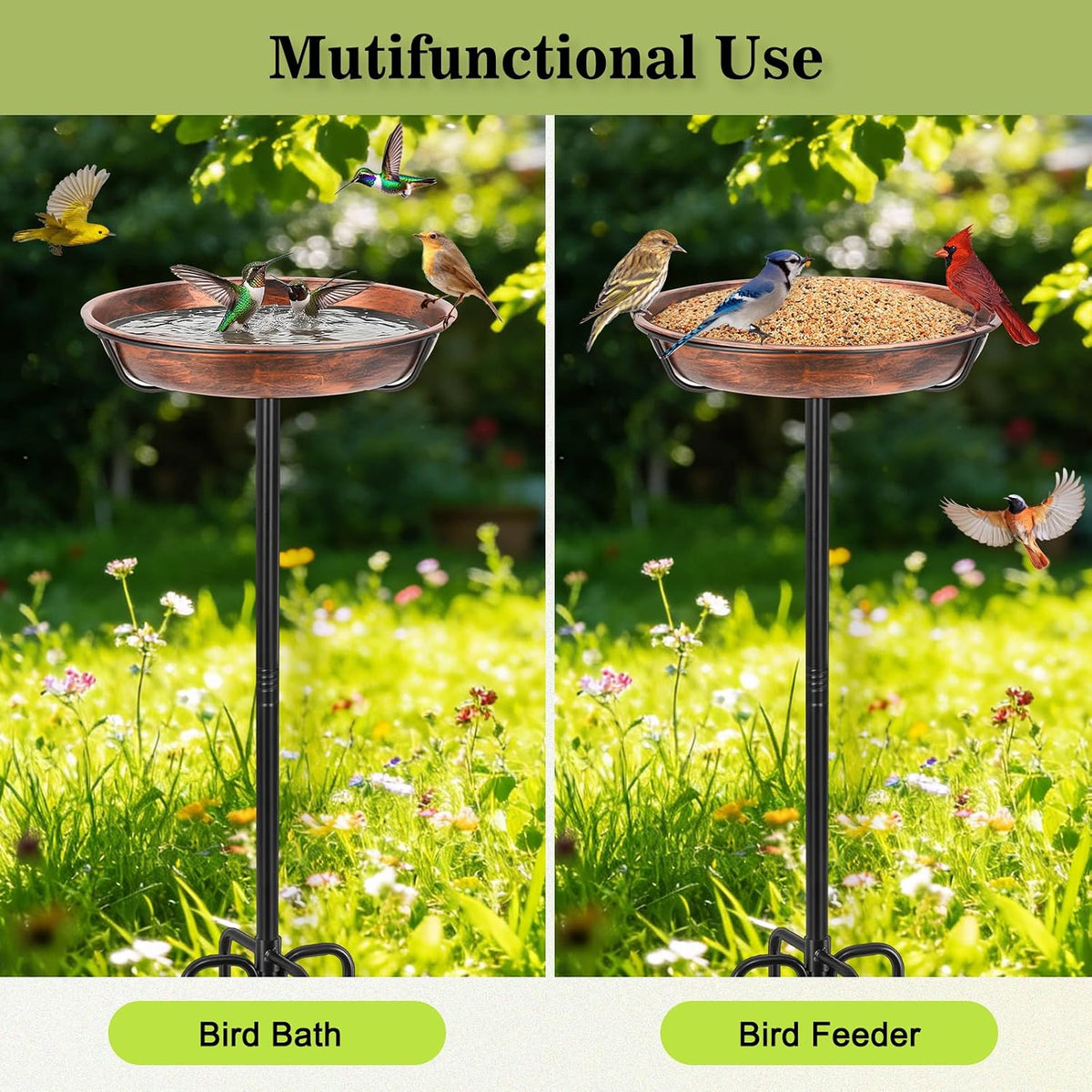 Gtongoko Metal Bird Bath for Outdoors, 34" Tall Bird Bath with 12" Removable Bowl, Heavy Duty 5-Prong Stable Base, Easy-to-Clean Heavy Duty Birdbath & Bird Feeder for Garden, Patio, Yard