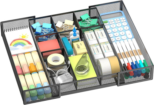 Expandable Desk Drawer Organizer, 10 Adjustable Compartments, Black | Metal mesh drawer organizer tray with 5 removable dividers, expands from 8.74 to 16 in for office supplies, makeup or tools - Field & Nook