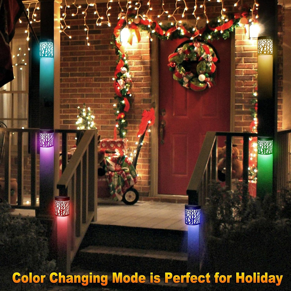 DenicMic Solar Wall Lights Outdoor Wall Sconce Fence Lights Solar Powered | 4 Pack, Mental Patio Front Door Yard Deck Stair House Led Forest Decorative Lamps, Waterproof, Warm White Color Changing