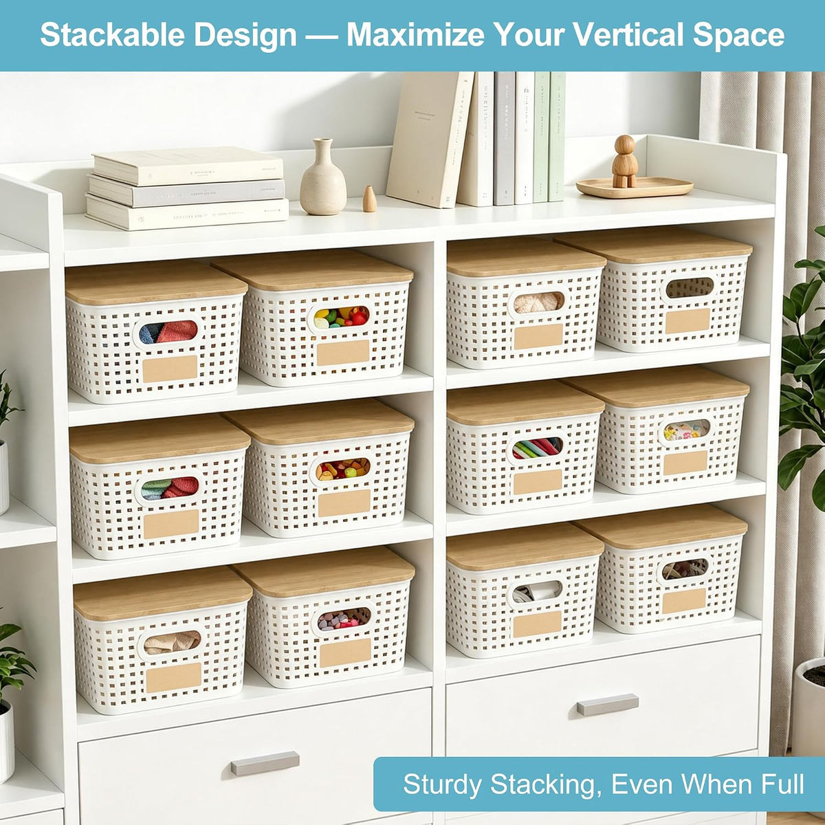 Small Plastic Storage Bins with Bamboo Lids 5.2qt Stackable Box Basket Pantry Decorative Containers Cute with Labels for Organizing Desktop Closet Office Cream White of 6 packs 10*7.2*4.1" - Field & Nook