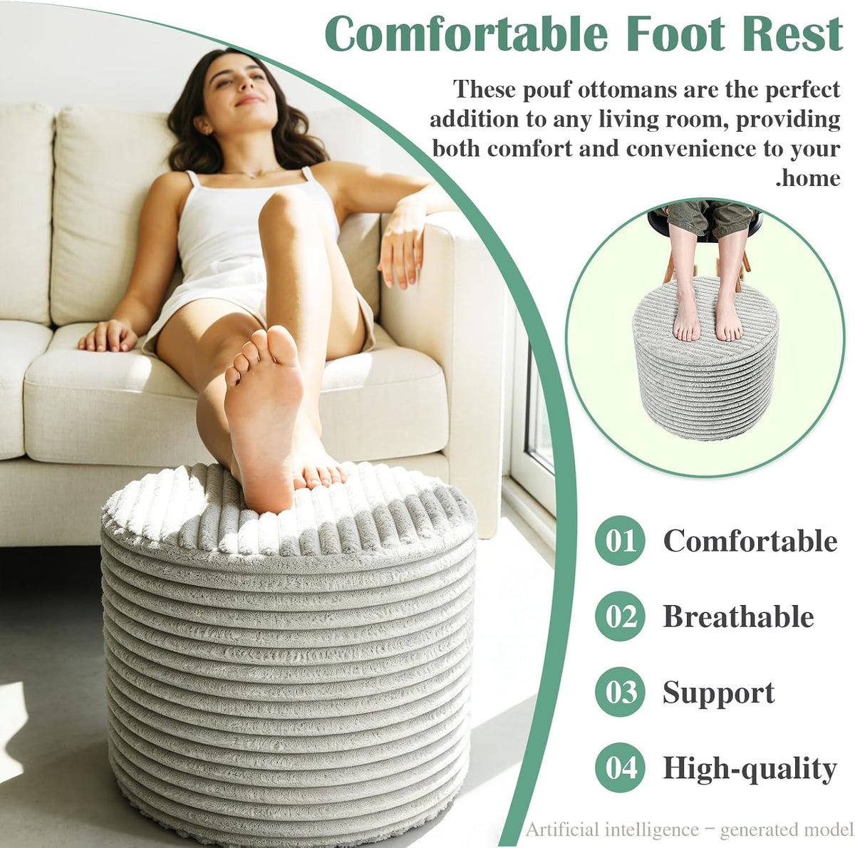 Round Boucle Pouf Ottoman – Lightweight Foam Footrest