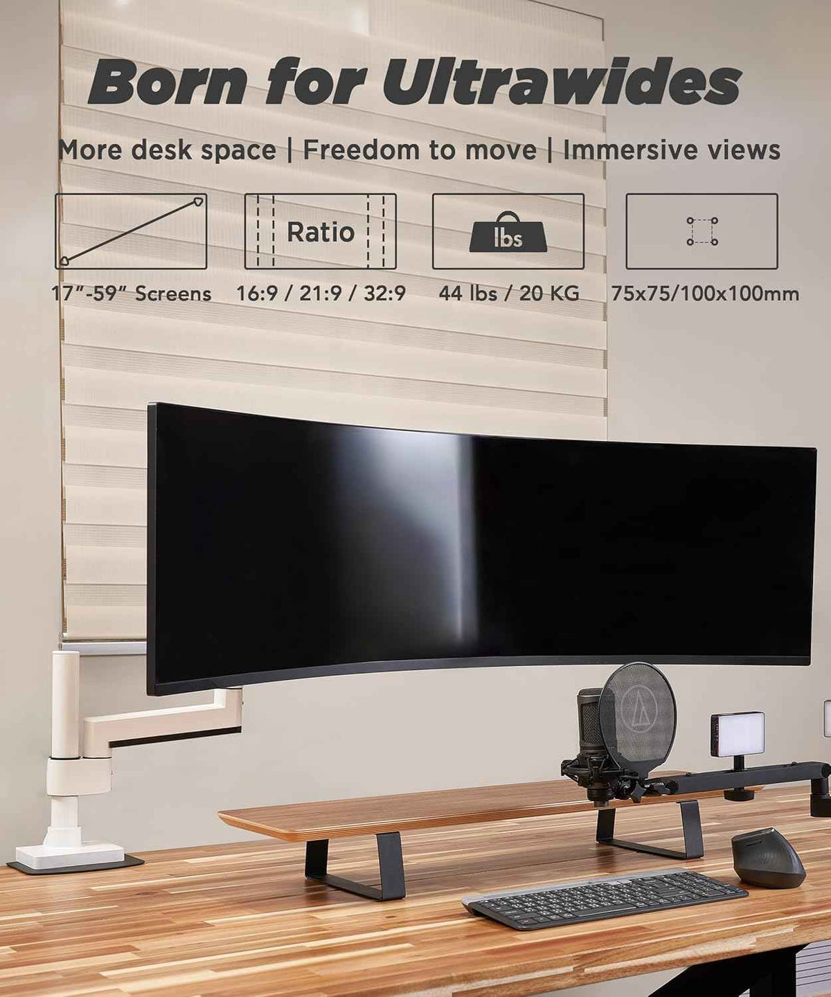 ULTRARM Heavy Duty Monitor Arm for Ultrawide Curved Monitors Modular Design | Max 57", 44 lb, 900R Screens, VESA 100x100, Upgradable, Pneumatic Height Adjustable, C-clamp & Grommet Mount, White, MA20PW-S