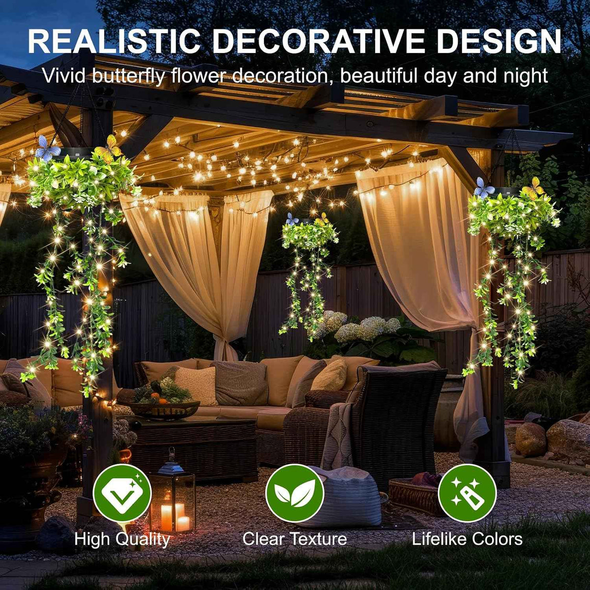 Solar Hanging Garden Lights, 2 Pack 66 LED Outdoor Lights with Realistic Milan Grass & White Flowers, IP65 Waterproof Solar Lanterns for Patio, Porch, Fence, Pergola & Backyard Decor, Auto On/Off