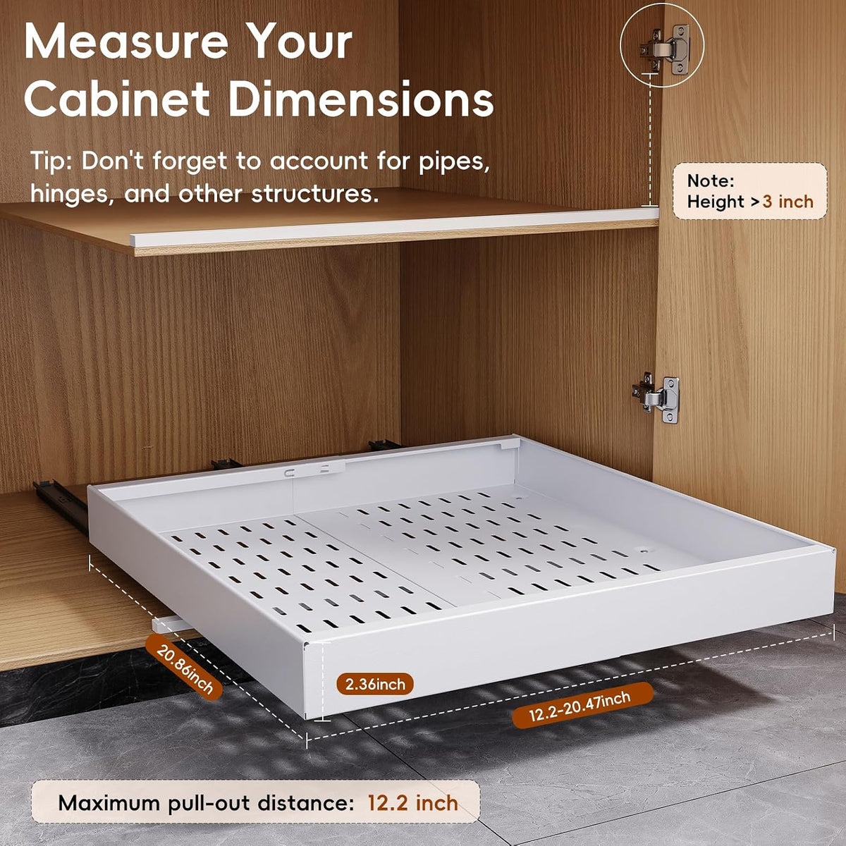 Pull Out Cabinet Organizer, 21"Deep Slide Out Drawers for Kitchen Cabinets | Adjustable Width 12.05"-20.4", For Framed/Frameless cabinets, No Drill Adhesive, 3‑Rail Smooth Glide, Height-Raising Pads - Field & Nook