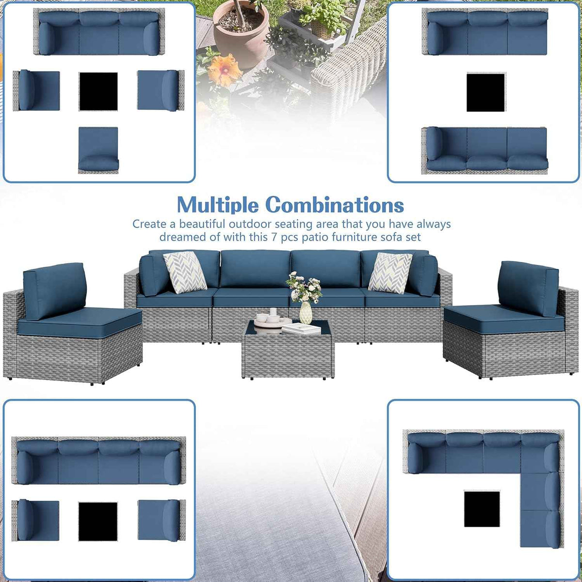 7 Piece Outdoor Patio Furniture Set with Silver PE Rattan, Navy Blue
