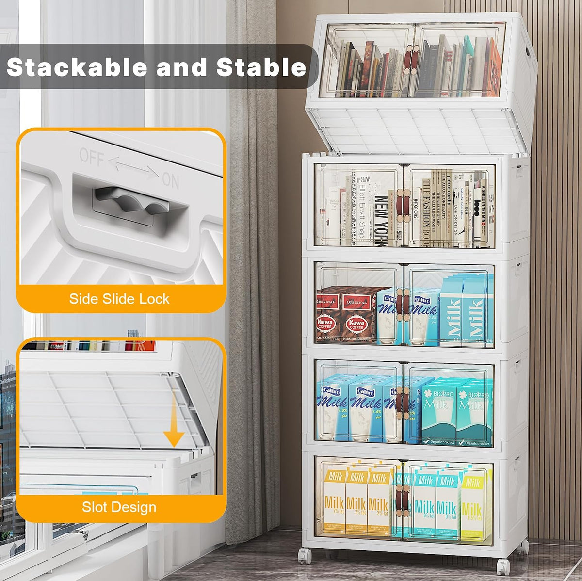 Stackable Storage Bins with Lid, 260QT Plastic Cabinet with Wheels | Large Capacity, Magnetic Door, Stack Lock, Rolling Wheels, Foldable Design, Organizers and Storage for Bedroom Dorm Garage - Field & Nook