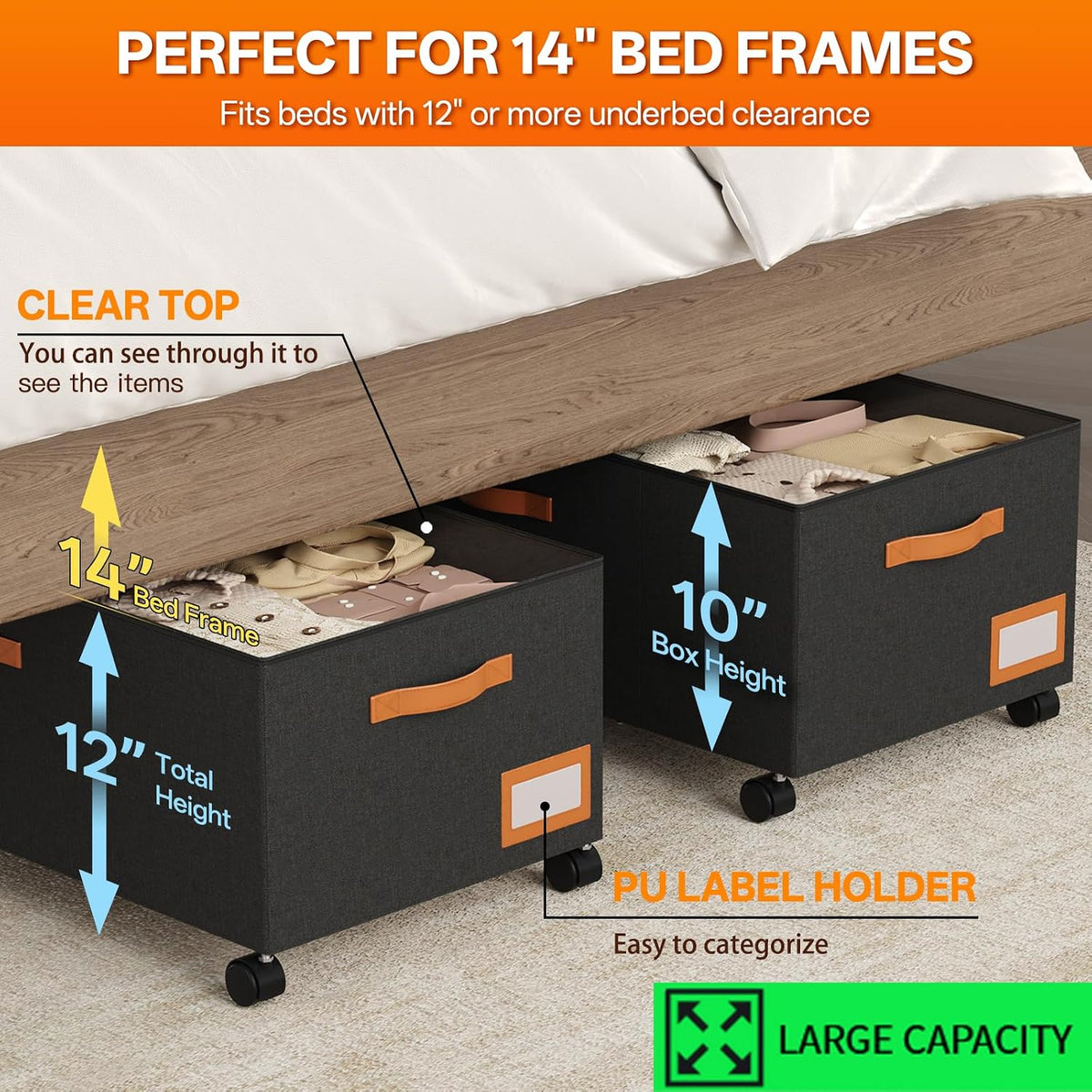 Under Bed Storage with Wheels, 12" Height Under Bed Storage Extra Deep Under Bed Storage Containers, Perfect for 14'' Bed Frame, No Assemble Metal Rolling Underbed Storage for Clothes Shoes Blankets - Field & Nook