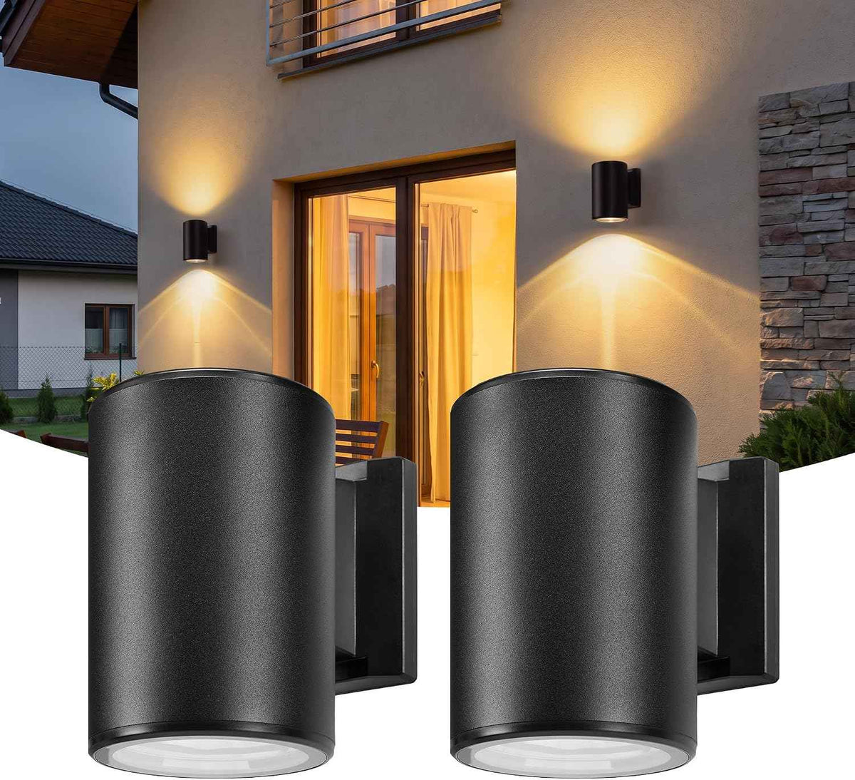 Solar Wall Lights Outdoor, 2 Pack Modern Sconce Lights with Up & Down Warm White Glow, Solar Powered Exterior Lighting, IP65 Waterproof for Patio, Yard, Porch, Garage, Fence, Railing