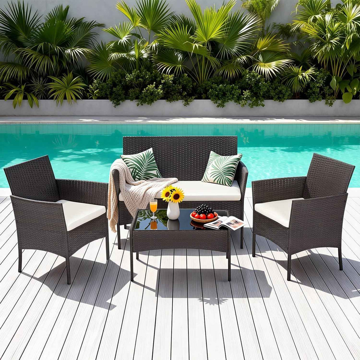 FDW | 4-Piece Patio Furniture Set | Brown | Outdoor Wicker Furniture