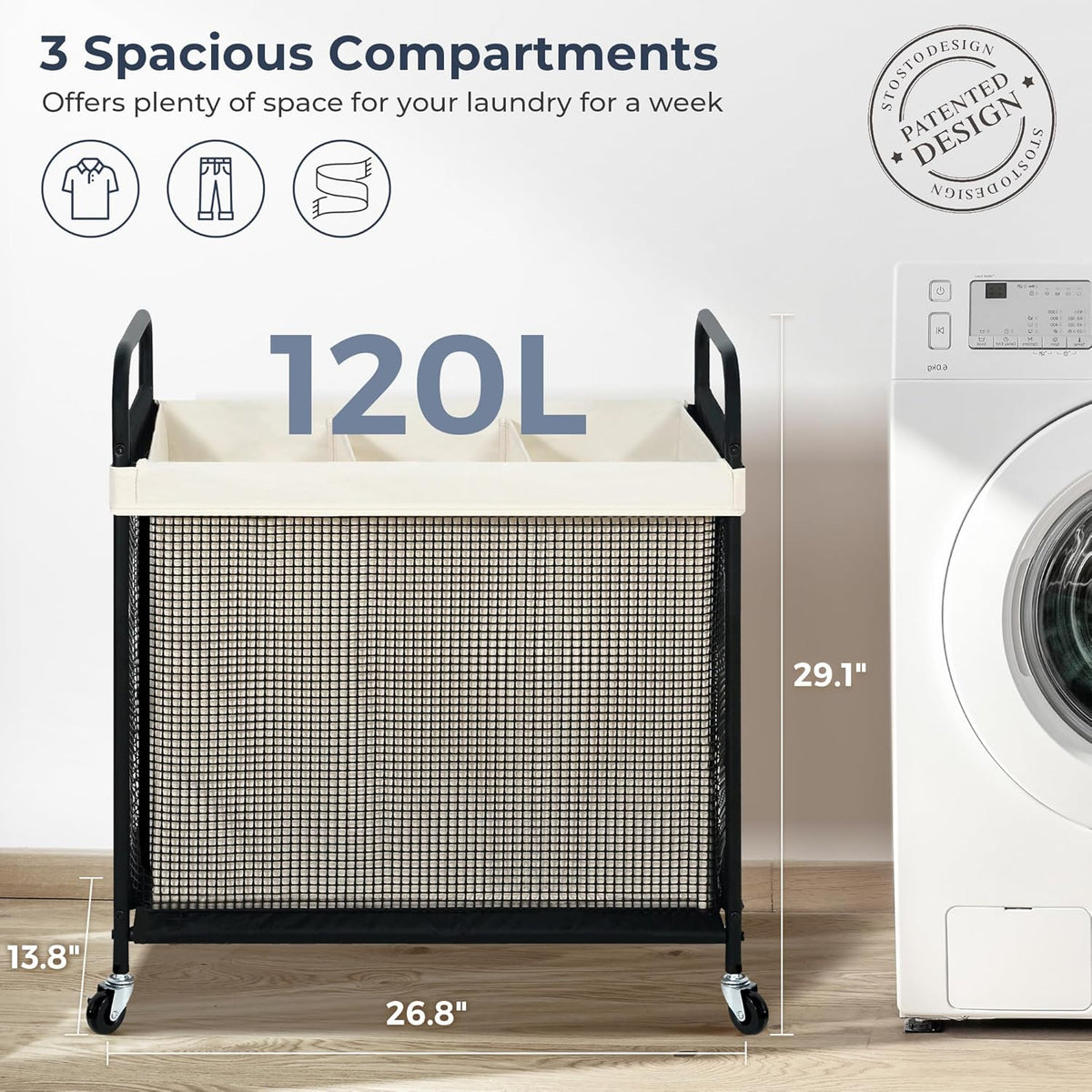 120L 3-Section Rolling Laundry Sorter with Washable Bags - Field & Nook