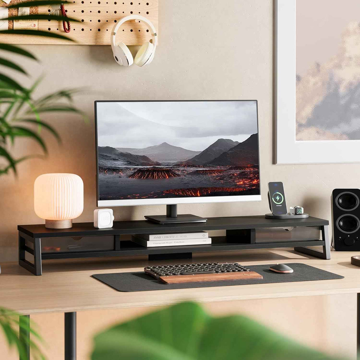 Fenge Dual Monitor Stand Riser, 42.5in Desk Shelf with 2 Drawers, Black | 2-Tier Monitor Shelf for Desk, Storage Drawer with Stopper, Frosted, fit Home Office, Ultrawide Screen, PC, Laptop, TV