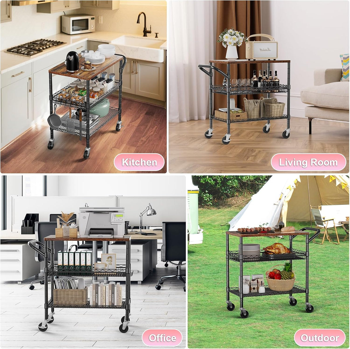 3 Tier Rolling Carts with Wheels, Heavy Duty Rolling Utility Cart with Wood Tabletop, Commercial Grade Metal Cart with Handle and Hooks, NSF Storage Serving Carts for Kitchen Island, Wood+Metal - Field & Nook