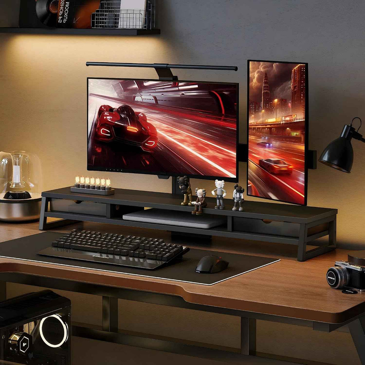 Fenge Dual Monitor Stand Riser, 42.5in Desk Shelf with 2 Drawers, Black | 2-Tier Monitor Shelf for Desk, Storage Drawer with Stopper, Frosted, fit Home Office, Ultrawide Screen, PC, Laptop, TV