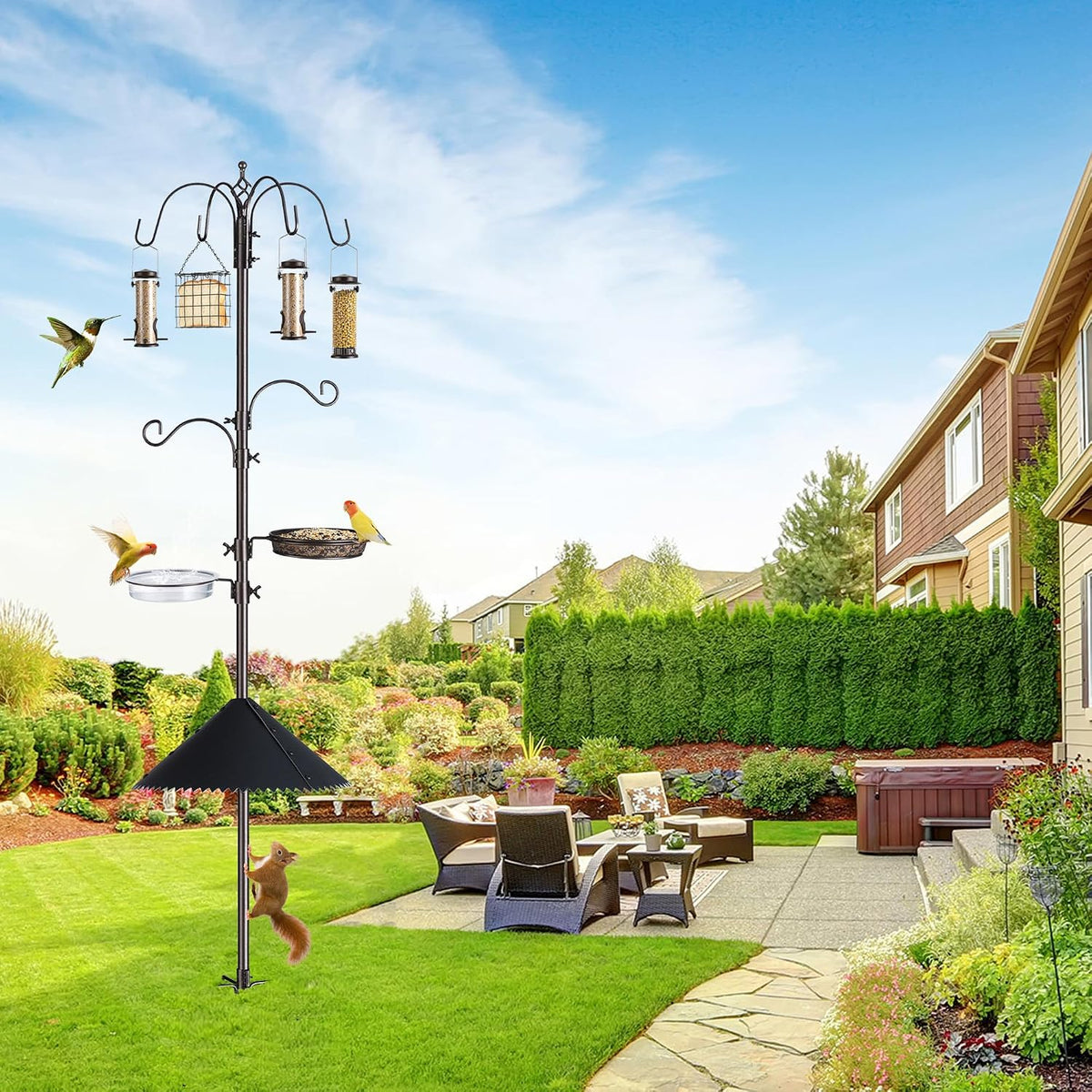 94-Inch Bird Feeding Station Kit, 6-Hook Pole with Squirrel Baffle | Bird Bath Bowl, Mesh Seed Tray, Freestanding 5-Prong Base, Removable Parts, Easy Assembly, for Patio, Lawn and Garden