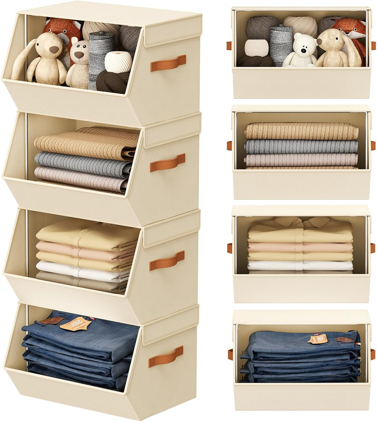 Stackable Closet Organizers and Storage Bins, Open Front Closet Shelf Organizer System With Steel Frame, Clothes Storage Basket Fabric, Collapsible Closet Drawers for Wardrobe, Nursery ,Toy, 4 Pack - Field & Nook