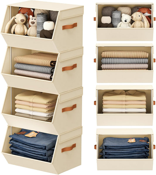 Stackable Closet Organizers and Storage Bins, Open Front Closet Shelf Organizer System With Steel Frame, Clothes Storage Basket Fabric, Collapsible Closet Drawers for Wardrobe, Nursery ,Toy, 4 Pack - Field & Nook