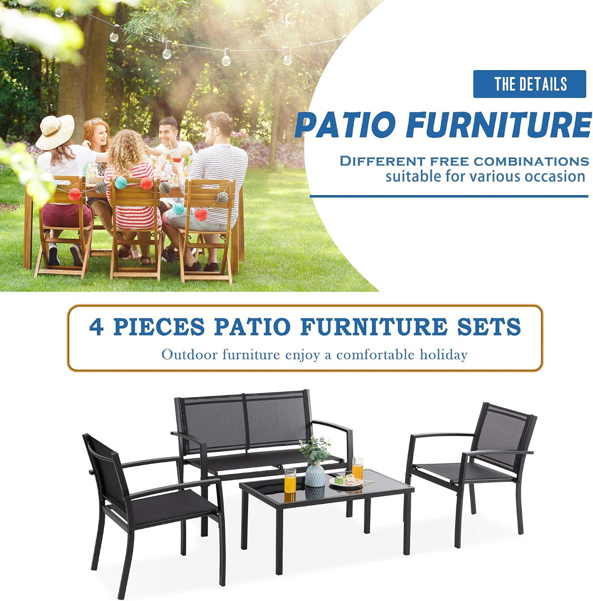 Vongrasig 4 Pieces Patio Furniture Sets,Outdoor Patio Conversation
