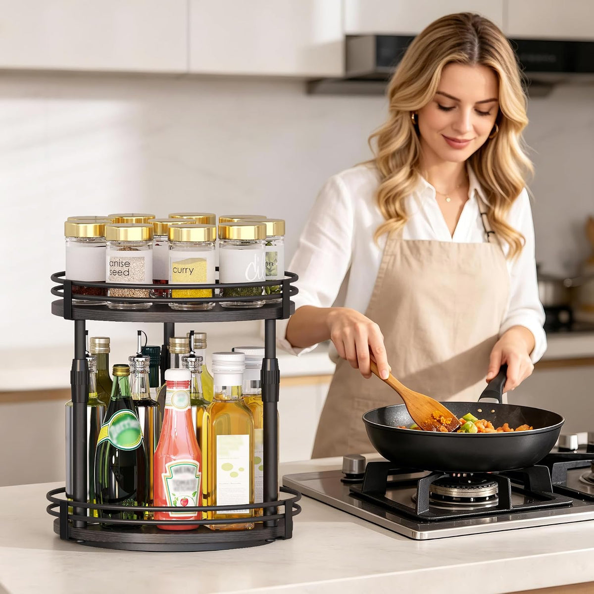 Across-Star Lazy-Susan-Organizer-Spice-Rack, Rotating Spice Organizer for Cabinet Pantry, Seasoning Holder Spice Shelf with Adjustable Height, Kitchen Counter Shelf Countertop Organizer - Field & Nook