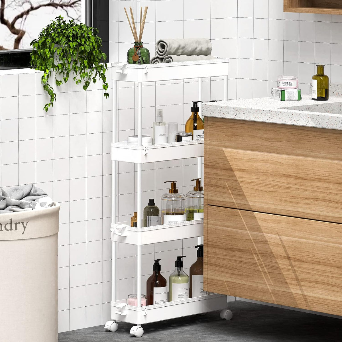 Slim Rolling Storage Cart – 4-Tier Bathroom Cart Organizer – White - Field & Nook